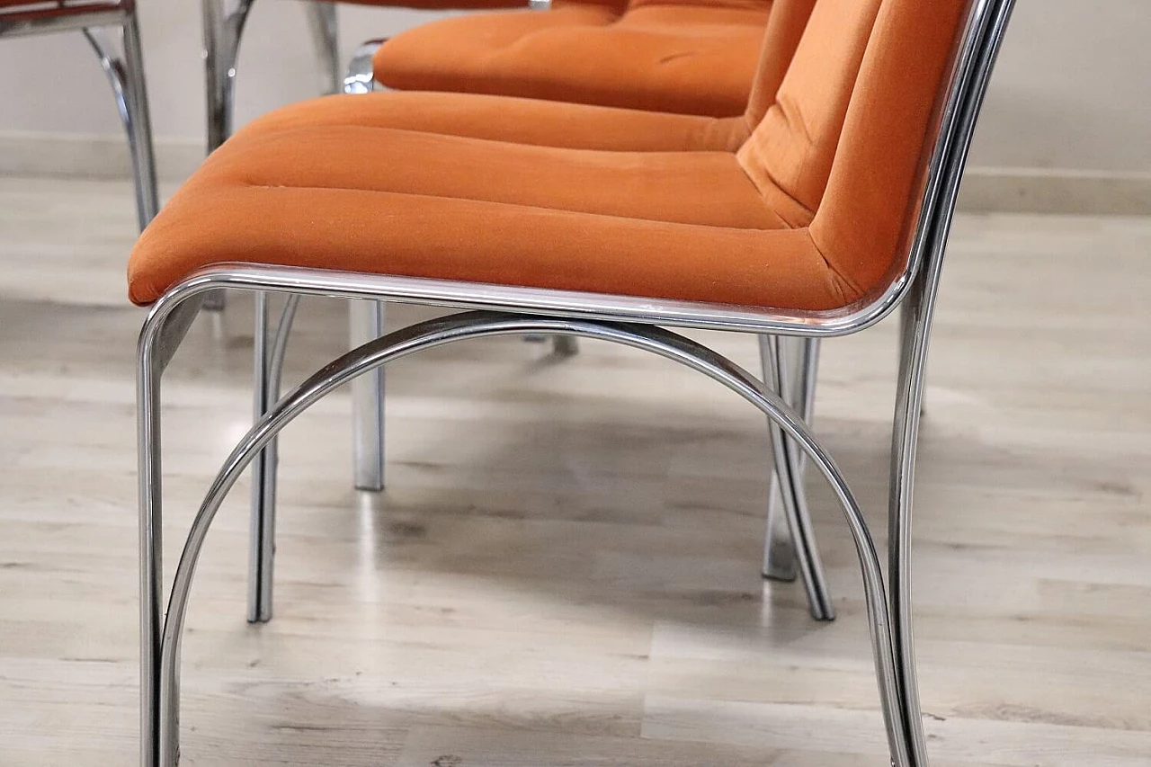 4 Chromed metal and orange velvet dining chairs, 1970s 12