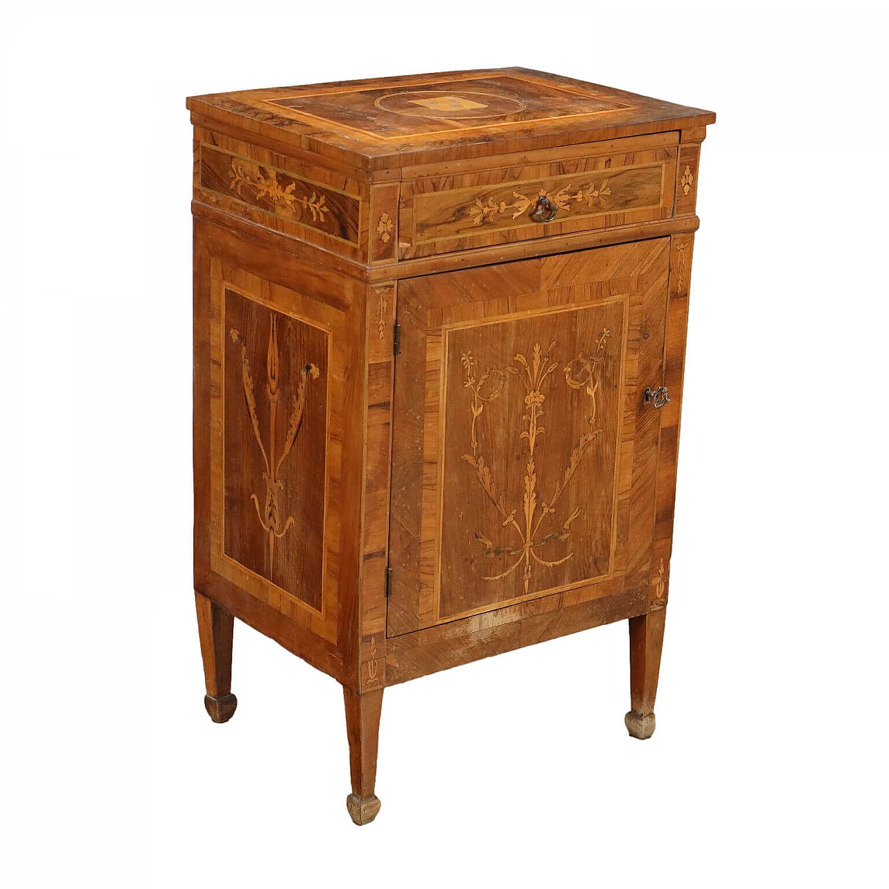 Neoclassical inlaid wood bedside table, late 18th century 1