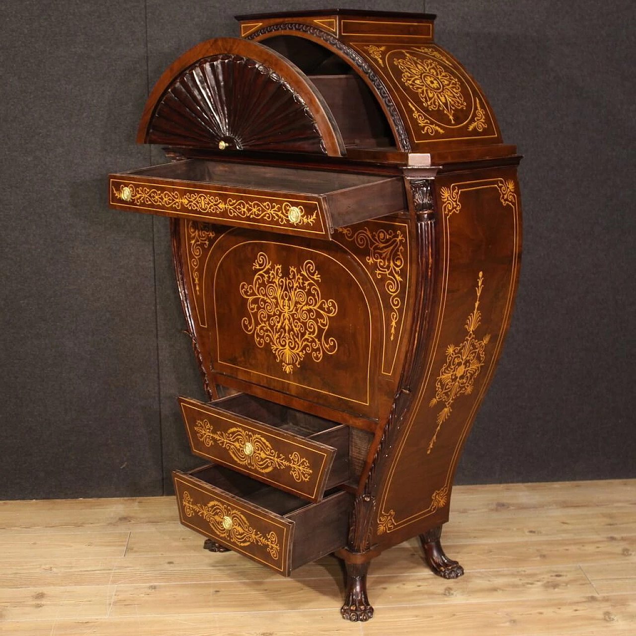 Secrétaire in legno a botte in stile Biedermeier, anni '60 8