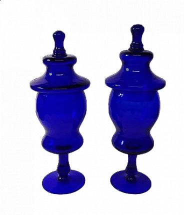 Coppia di vasi con coperchio in vetro di Murano blu, anni '60