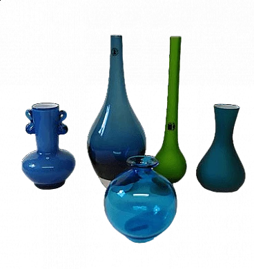 5 Blue and green Murano glass vases, 1960s