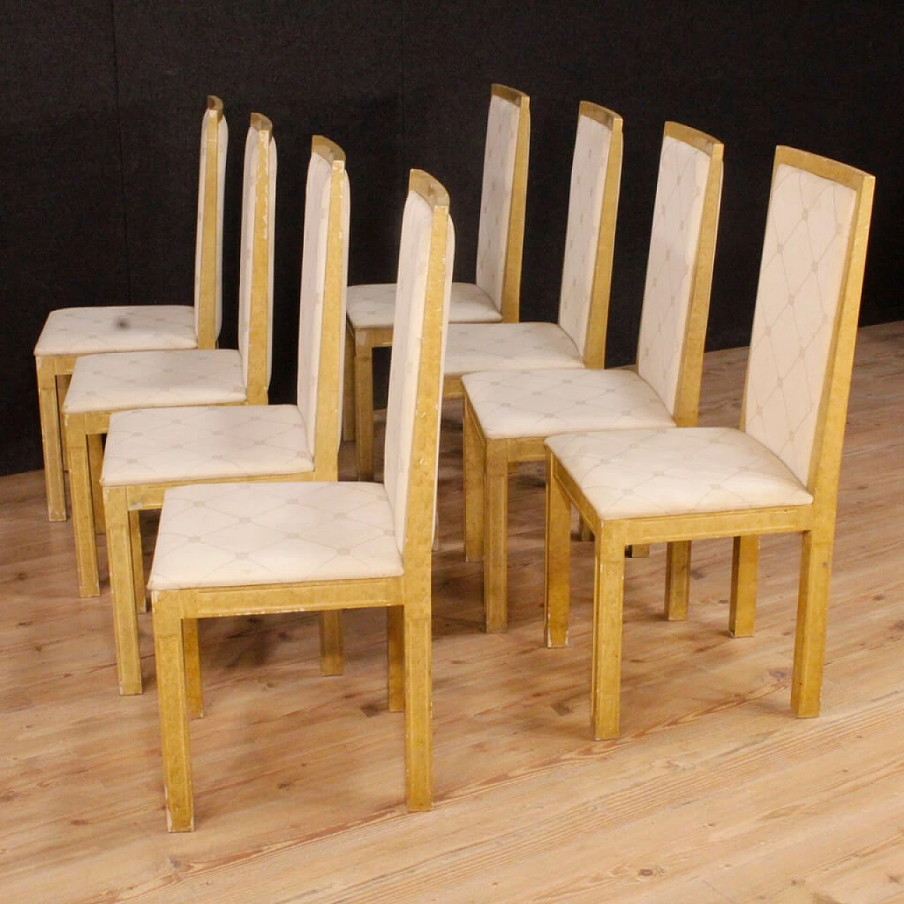 8 Lacquered and painted wooden chairs upholstered in fabric, 1960s 6