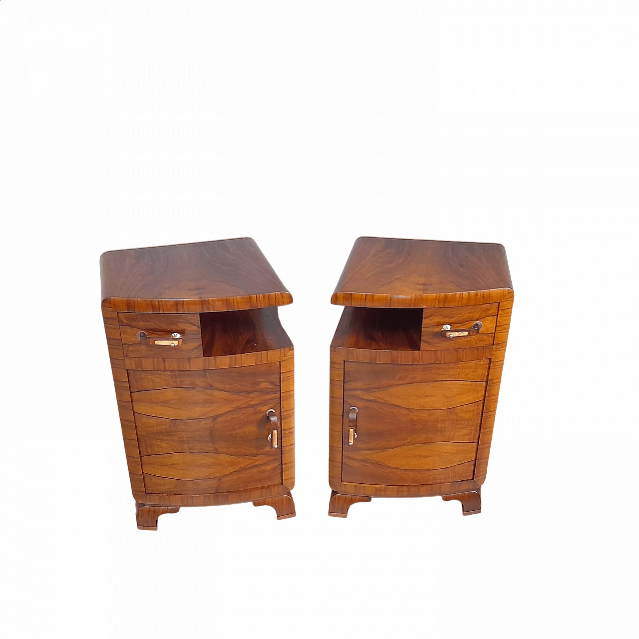 Coppia di comodini Art Deco rivestiti in noce biondo, anni '30 12