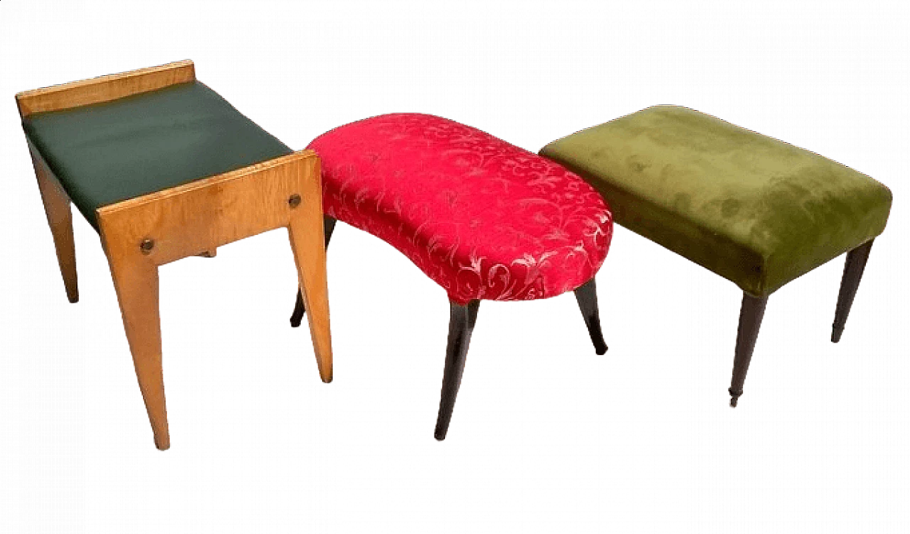 3 Art Deco wood and fabric stools, 1940s 4