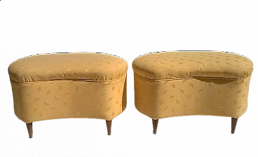 Pair of beech and yellow fabric poufs, 1940s