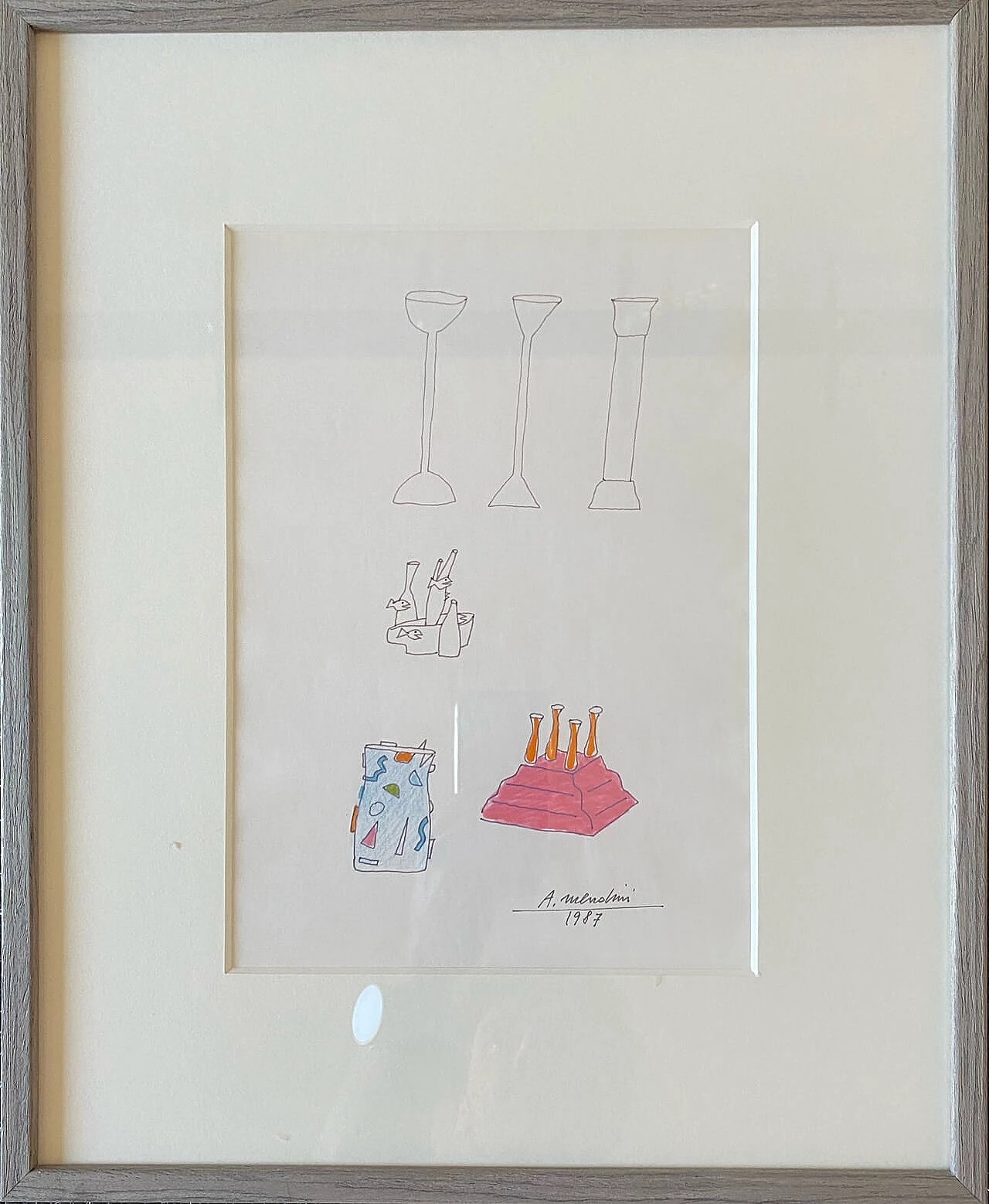 Alessandro Mendini, Vases for the Ollo Collection, Alchimia, 1987-1988, marker drawing and pencil on paper, 1980s 1