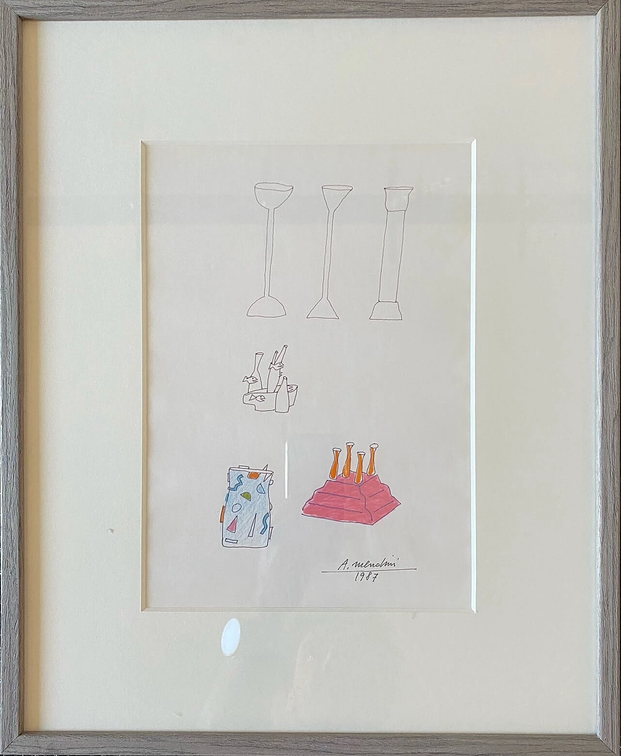 Alessandro Mendini, Vasi per la collezione Ollo, Alchimia, 1987-1988, disegno a pennarello e matita su carta, anni '80 1