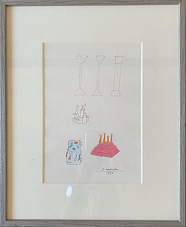 Alessandro Mendini, Vases for the Ollo Collection, Alchimia, 1987-1988, marker drawing and pencil on paper, 1980s