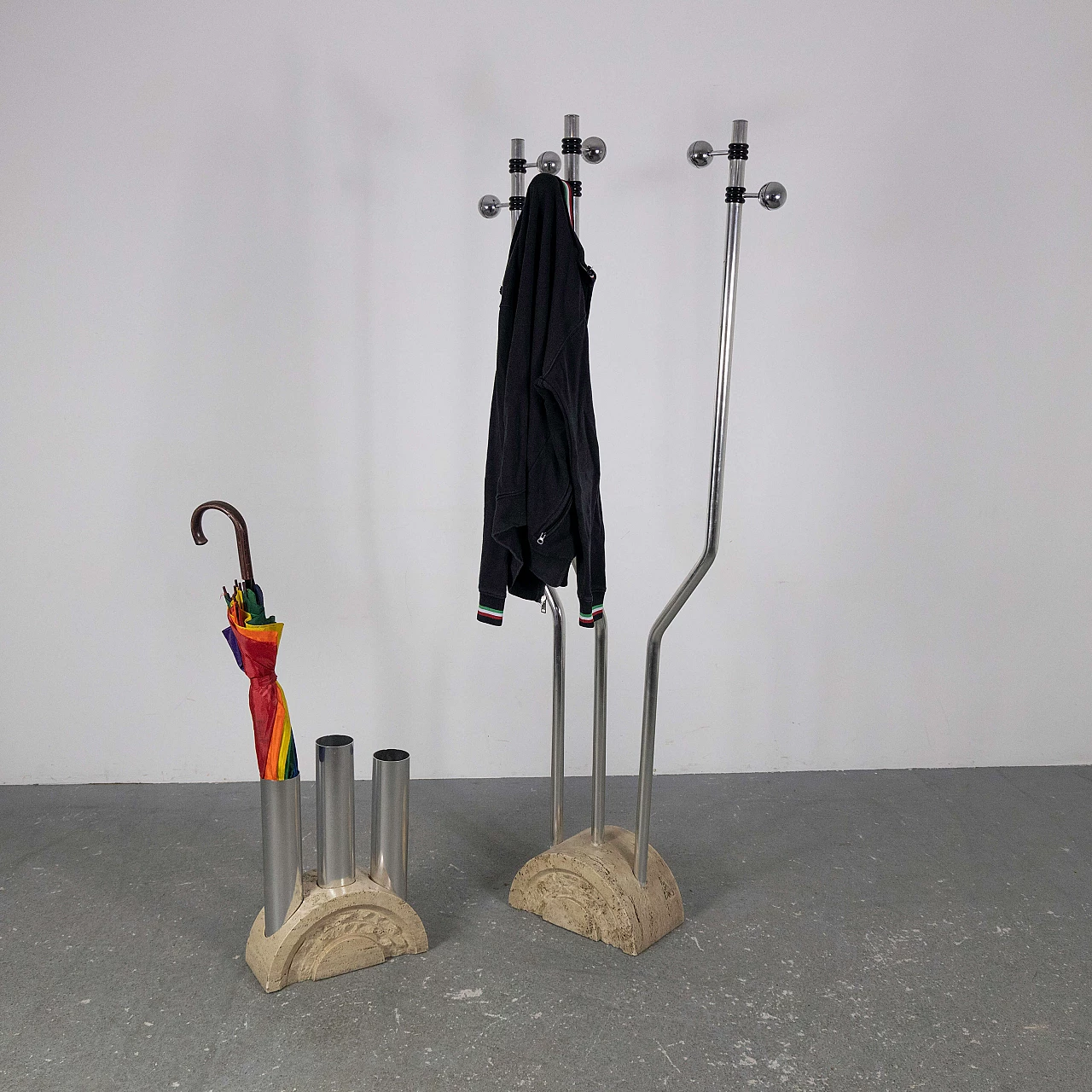 Travertine and metal coat rack and umbrella stand by F.lli Mannelli, 1970s 17