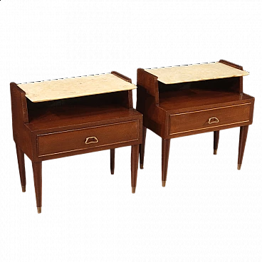 Pair of bedside tables in veneered wood with onyx top, 1970s