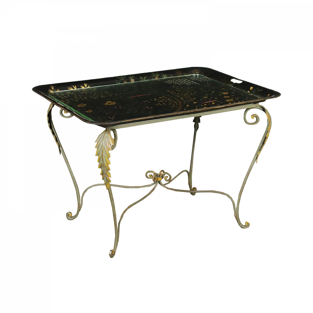 Wrought iron coffee table with removable tray top, 20th century 1