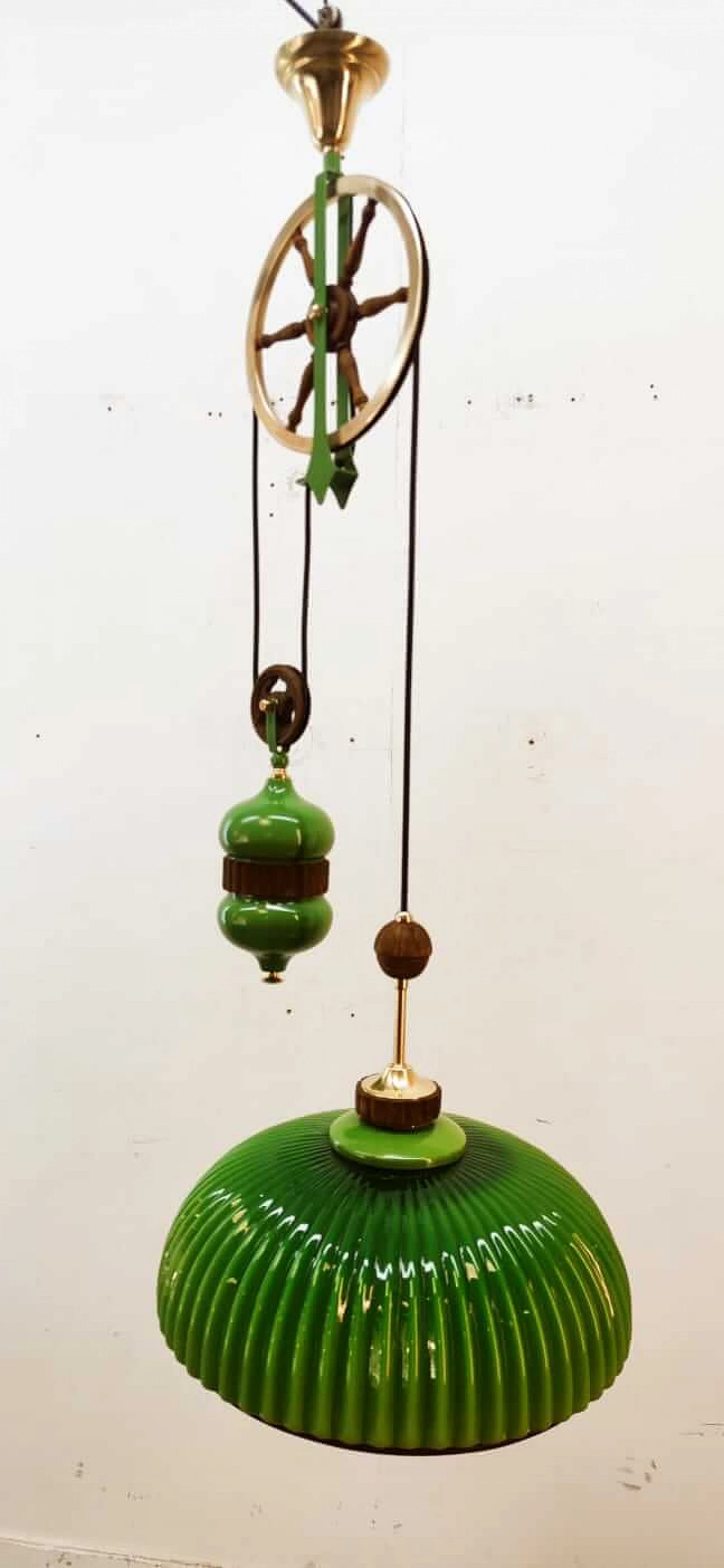 Lampada in vetro di Murano verde con carrucola in ottone e legno, anni '70 4