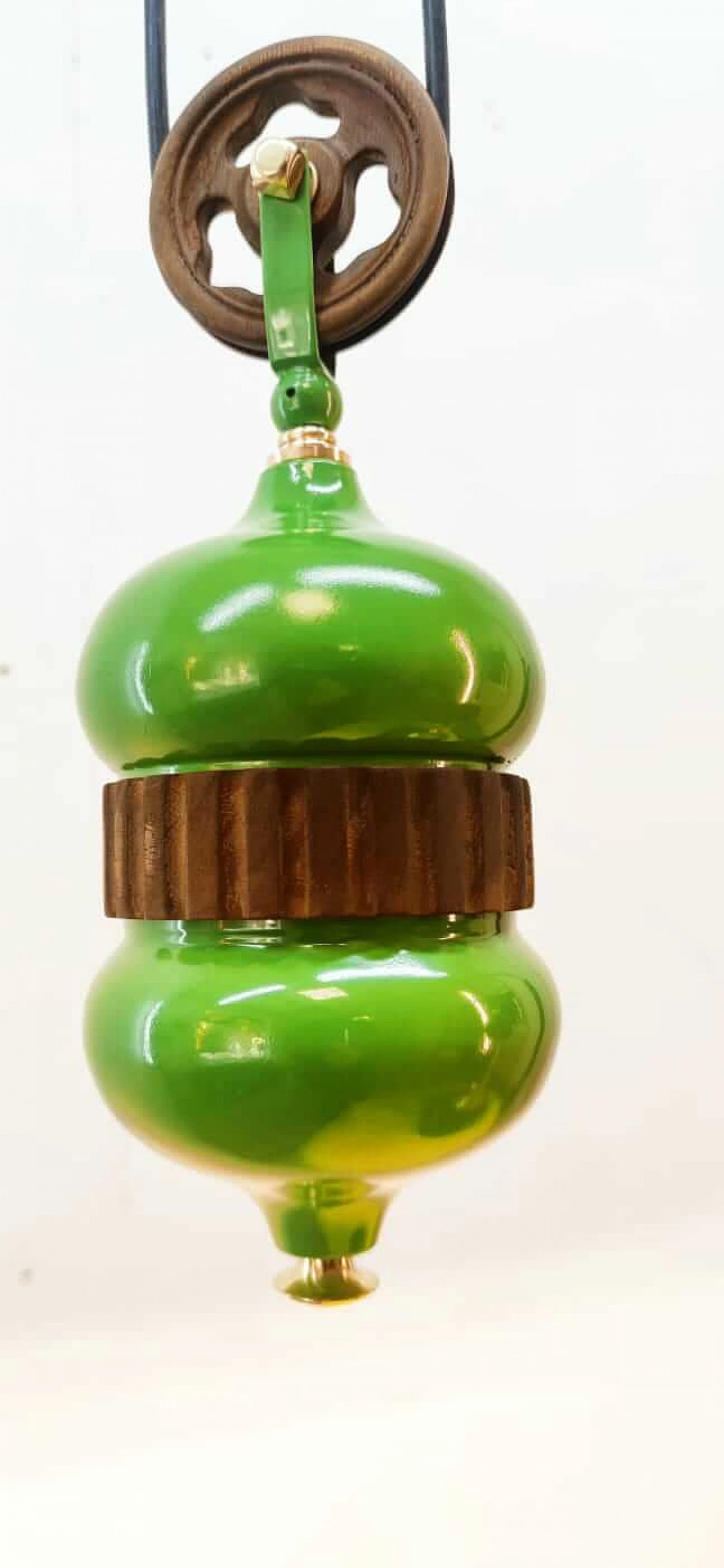 Lampada in vetro di Murano verde con carrucola in ottone e legno, anni '70 14