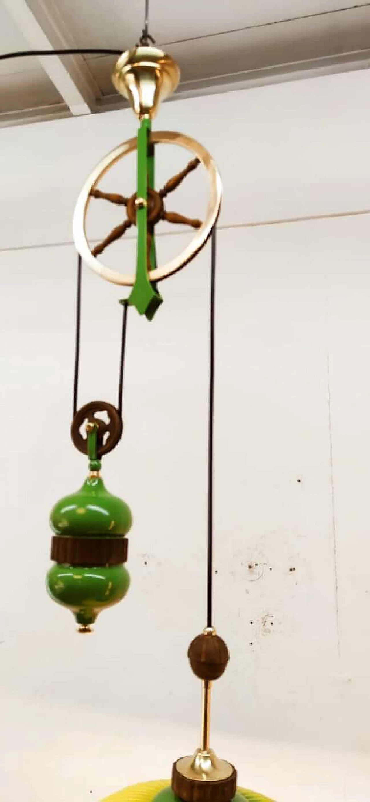 Lampada in vetro di Murano verde con carrucola in ottone e legno, anni '70 16