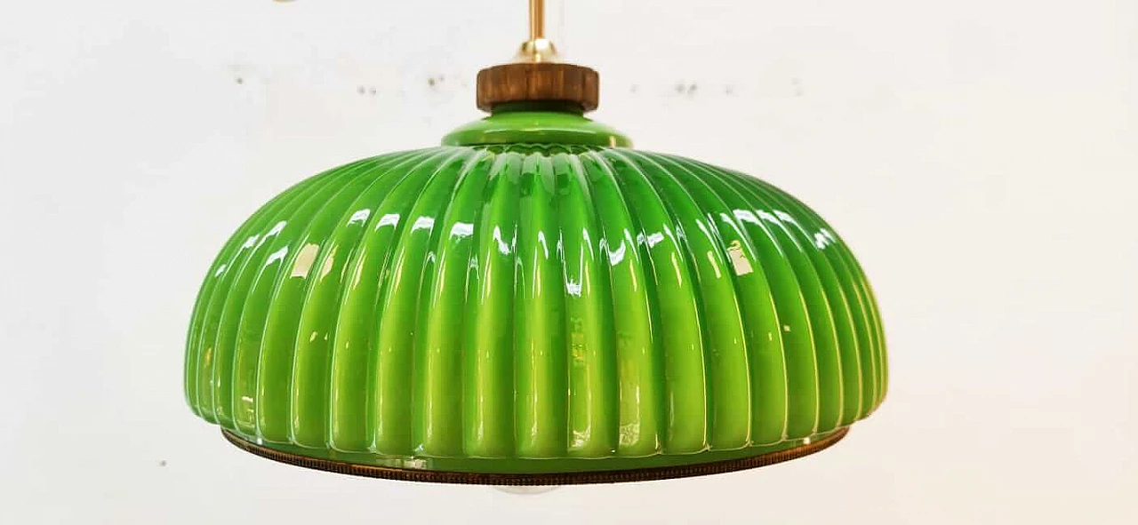 Lampada in vetro di Murano verde con carrucola in ottone e legno, anni '70 28