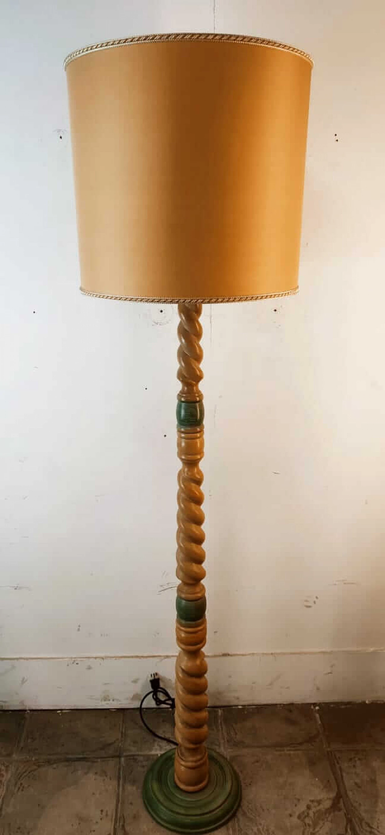 Wood floor lamp with fabric lampshade, 1970s 1