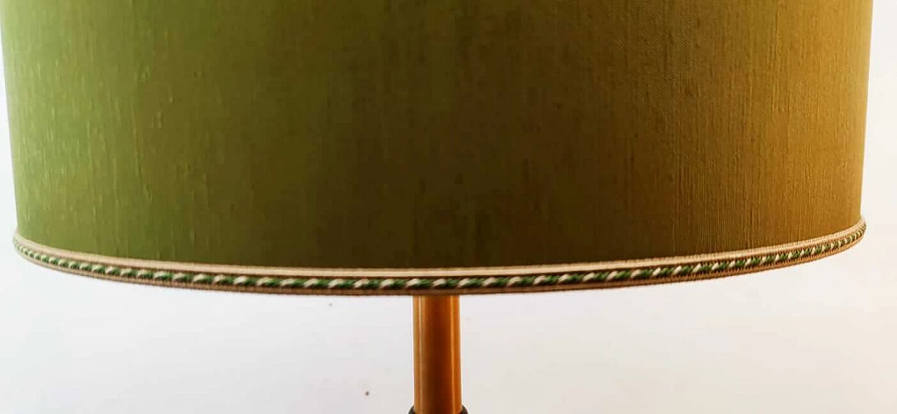 Wood floor lamp with green fabric lampshade, 1970s 1
