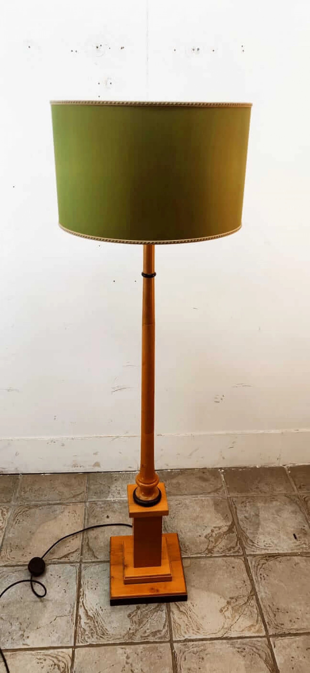 Wood floor lamp with green fabric lampshade, 1970s 2