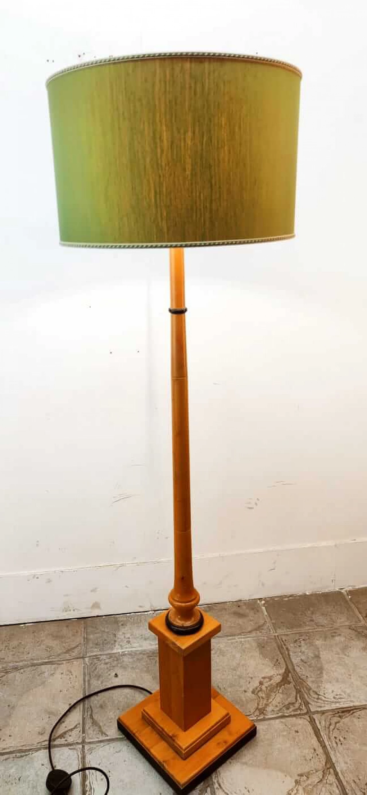 Wood floor lamp with green fabric lampshade, 1970s 3
