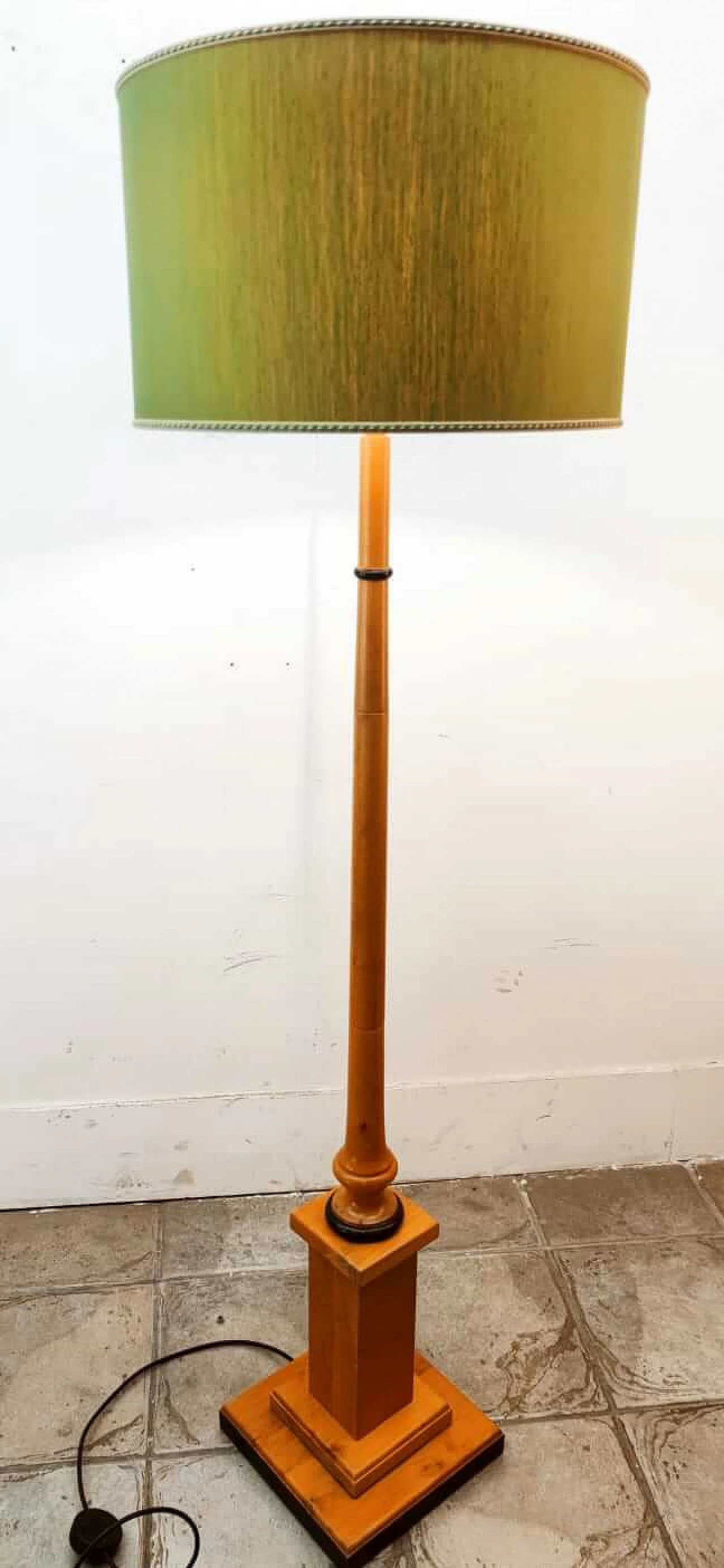 Wood floor lamp with green fabric lampshade, 1970s 4