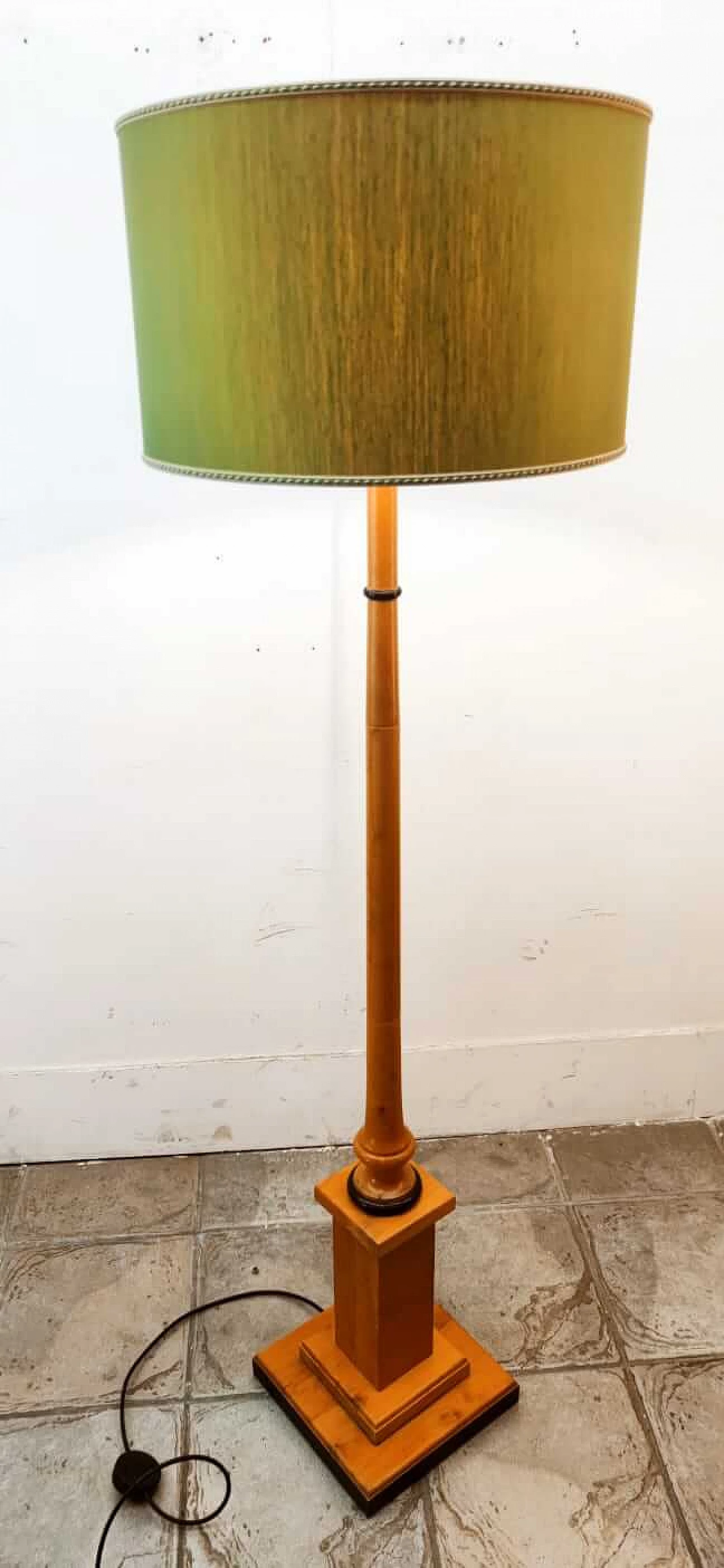 Wood floor lamp with green fabric lampshade, 1970s 5