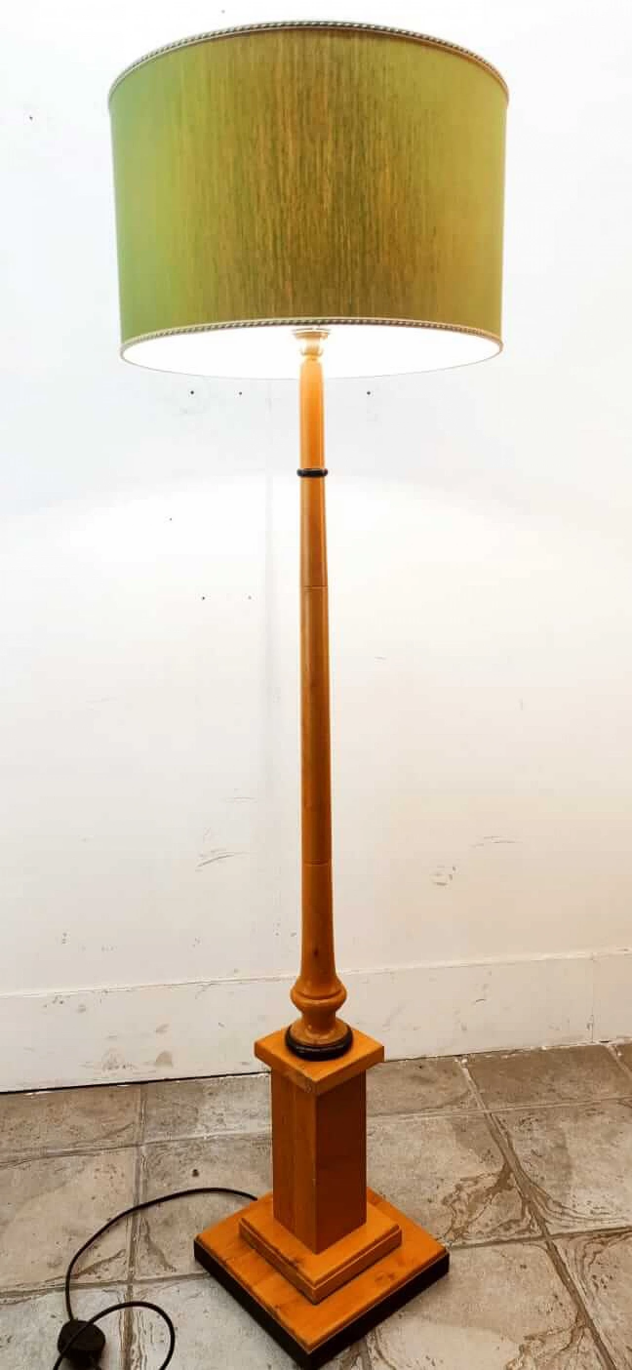 Wood floor lamp with green fabric lampshade, 1970s 6