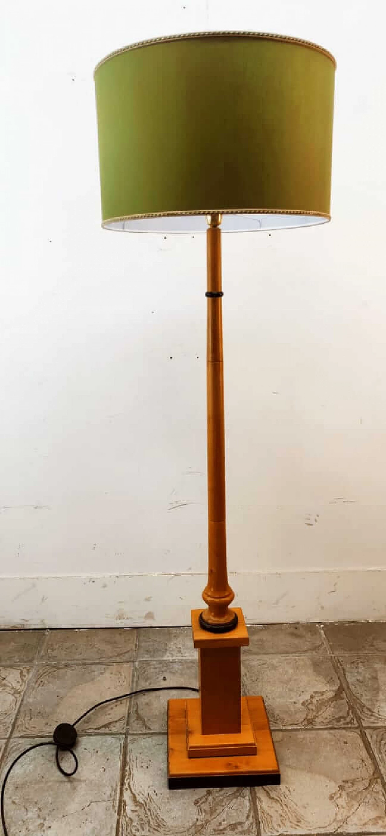 Wood floor lamp with green fabric lampshade, 1970s 8