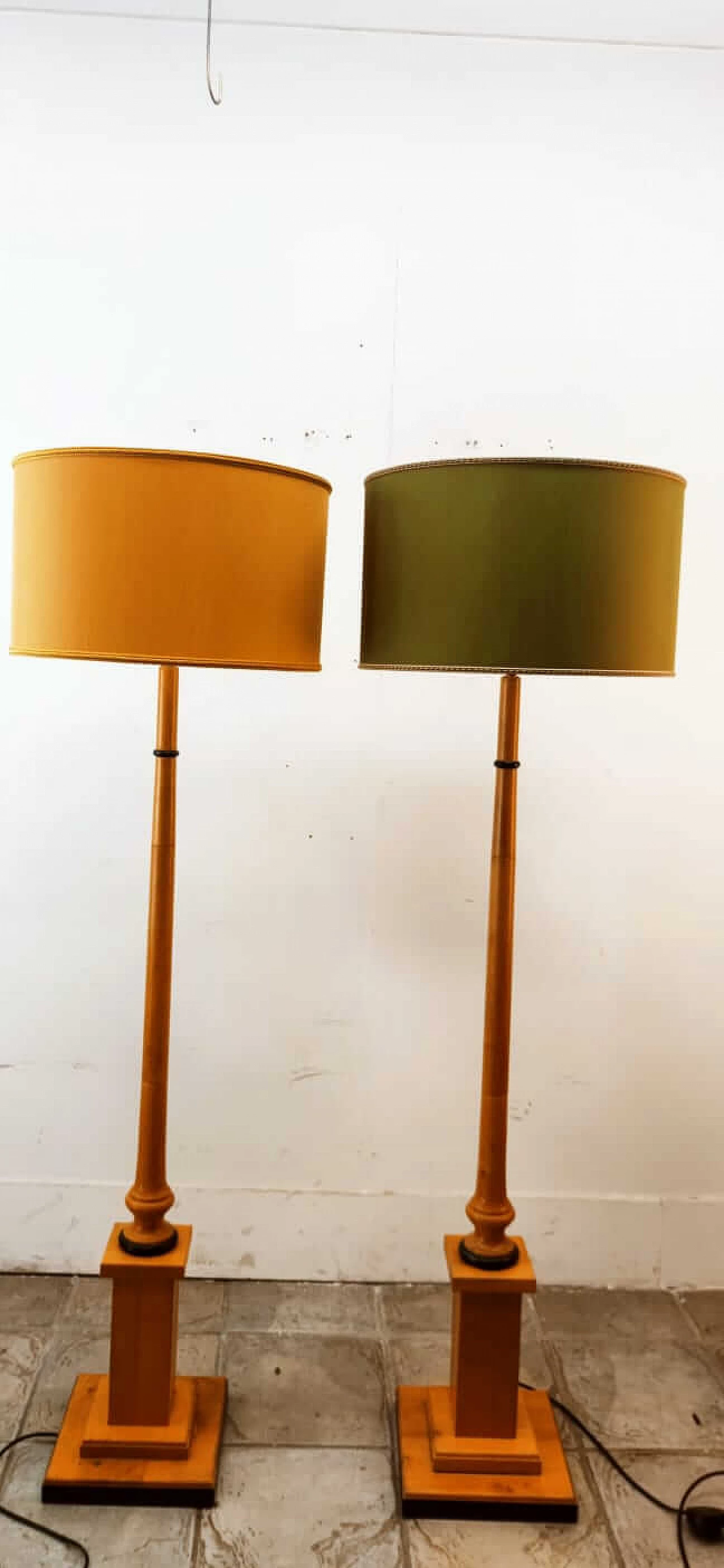 Wood floor lamp with green fabric lampshade, 1970s 13