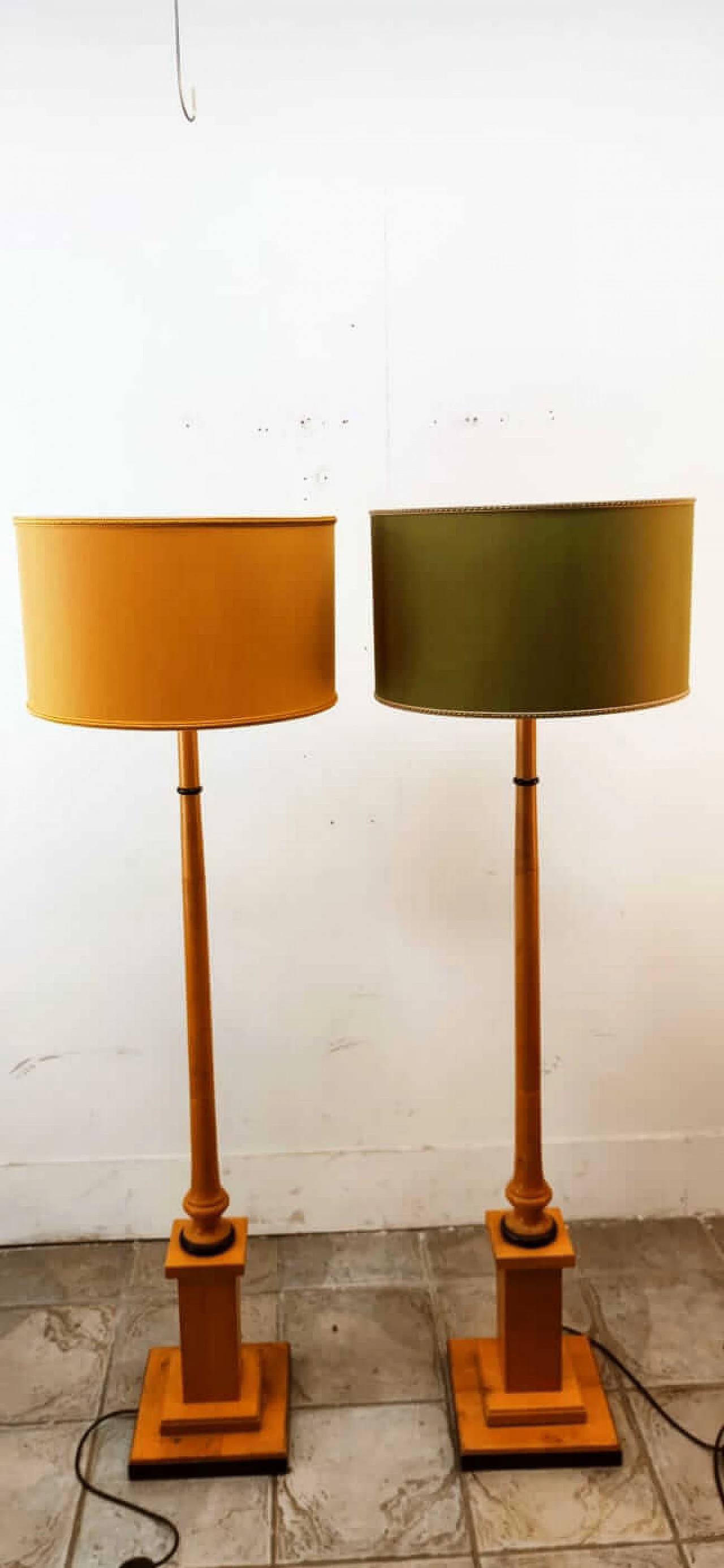 Wood floor lamp with gilded fabric lampshade, 1970s 1