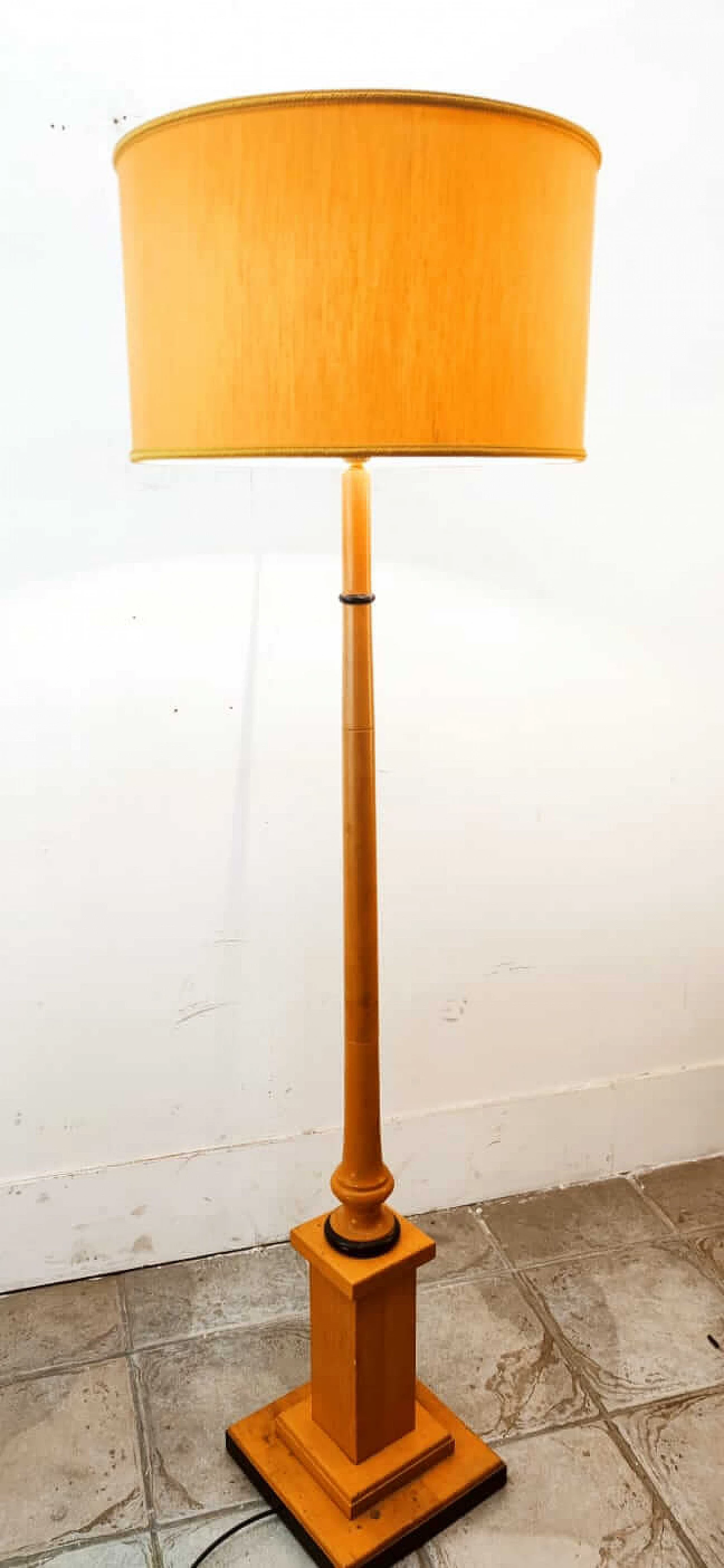 Wood floor lamp with gilded fabric lampshade, 1970s 6