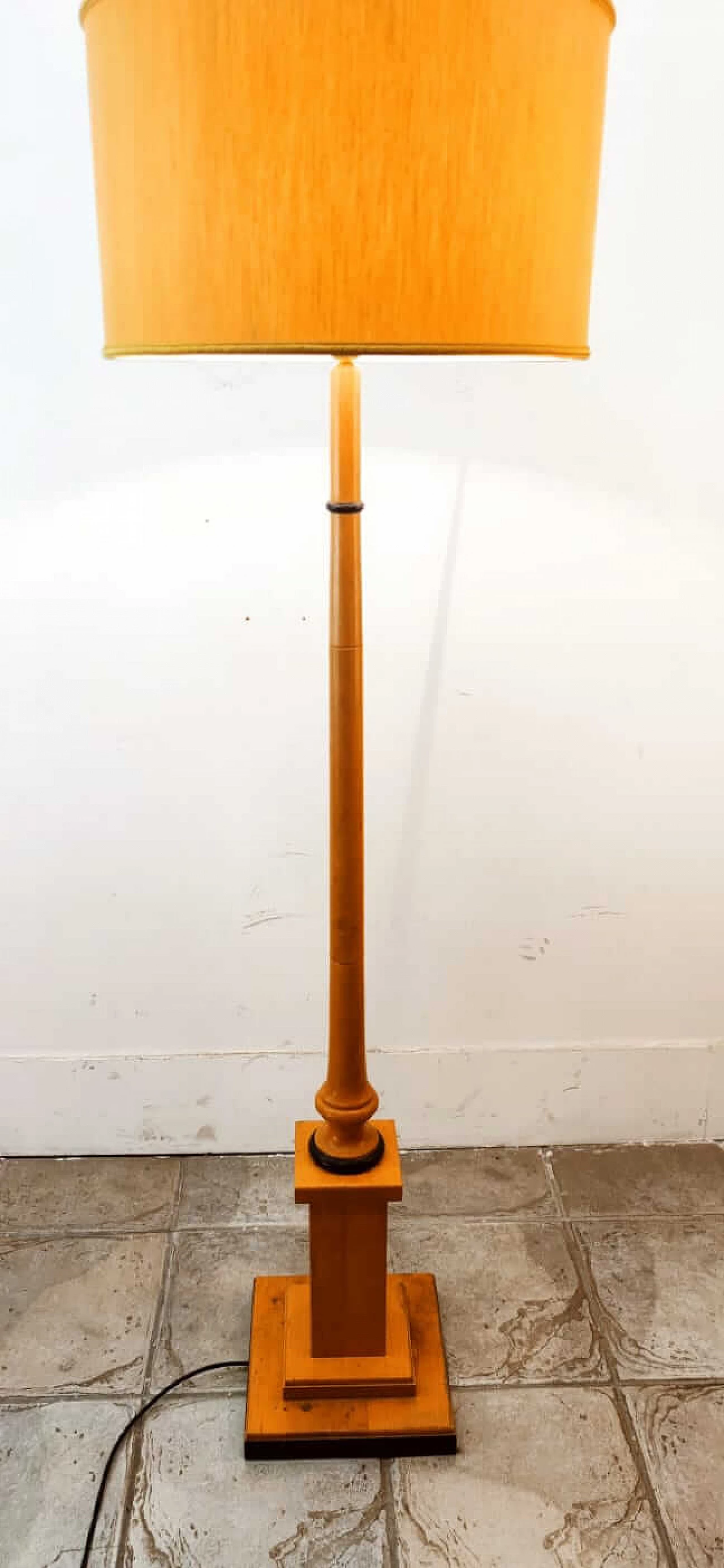 Wood floor lamp with gilded fabric lampshade, 1970s 7