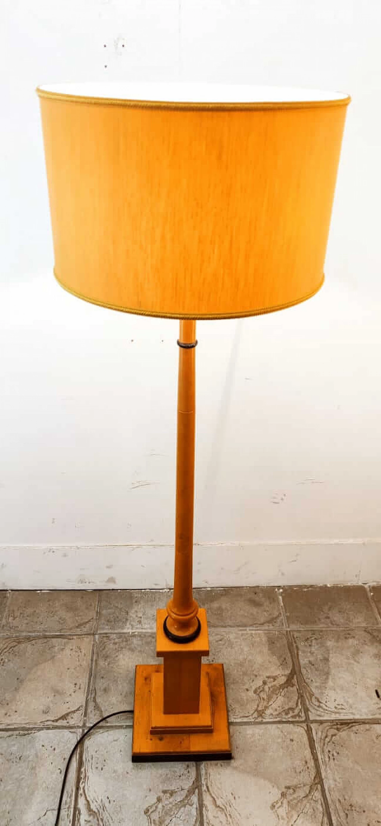 Wood floor lamp with gilded fabric lampshade, 1970s 9