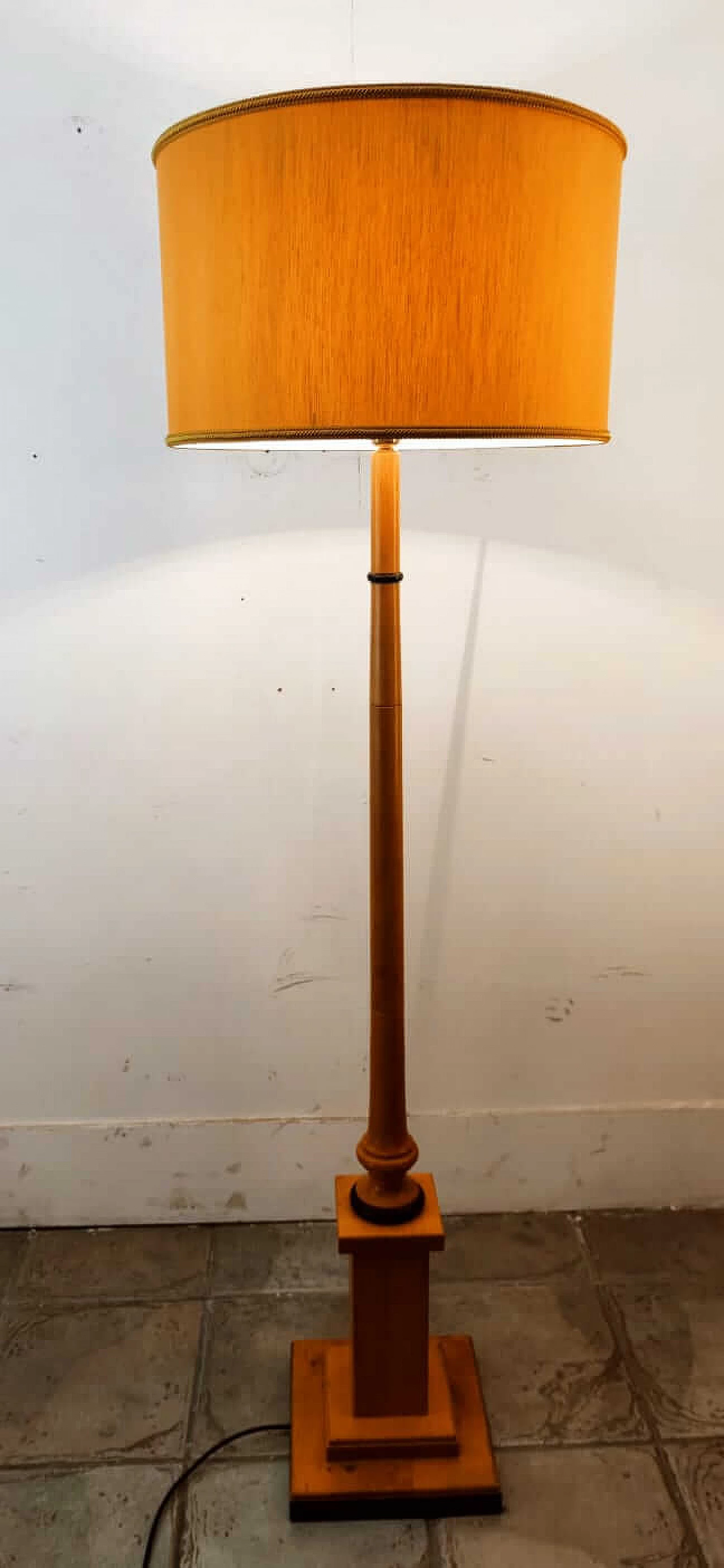 Wood floor lamp with gilded fabric lampshade, 1970s 10