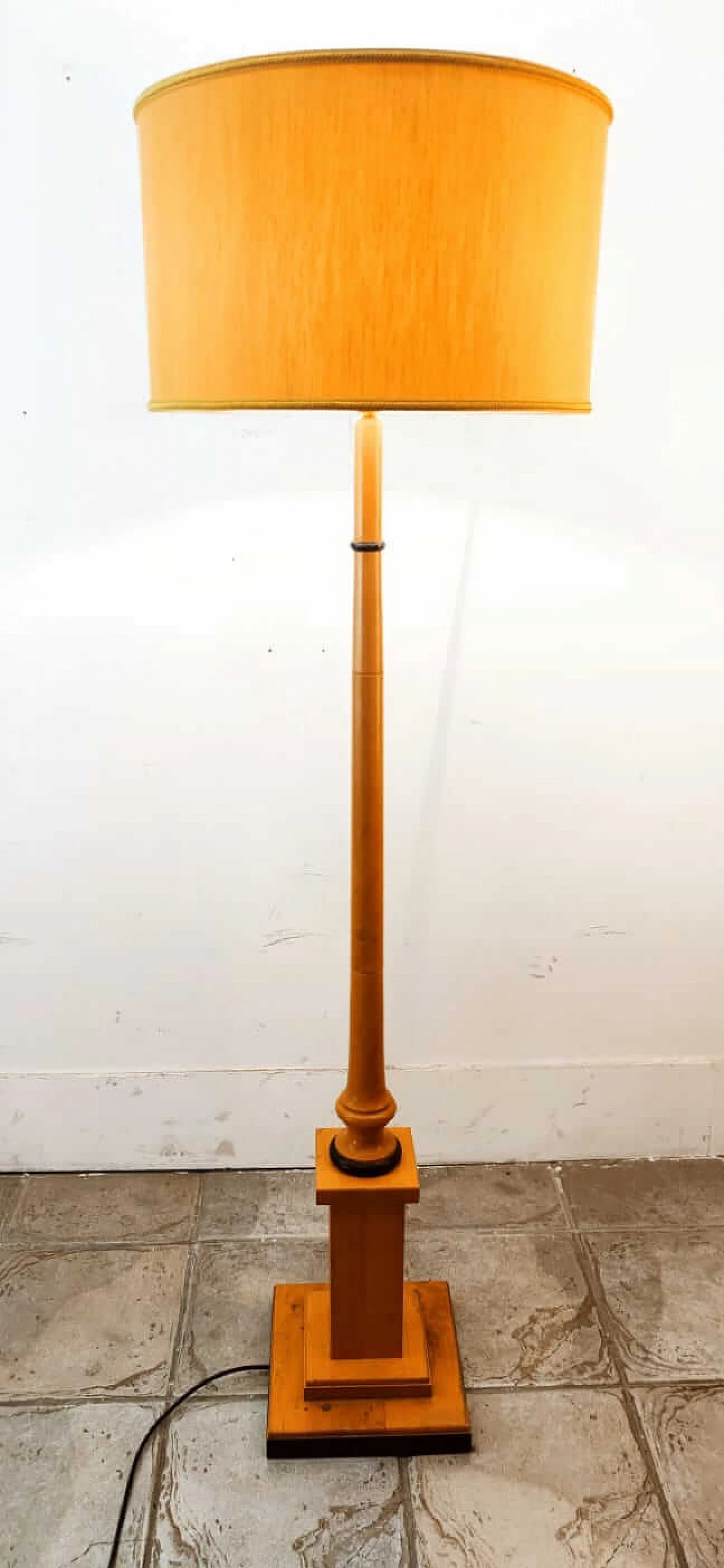 Wood floor lamp with gilded fabric lampshade, 1970s 11
