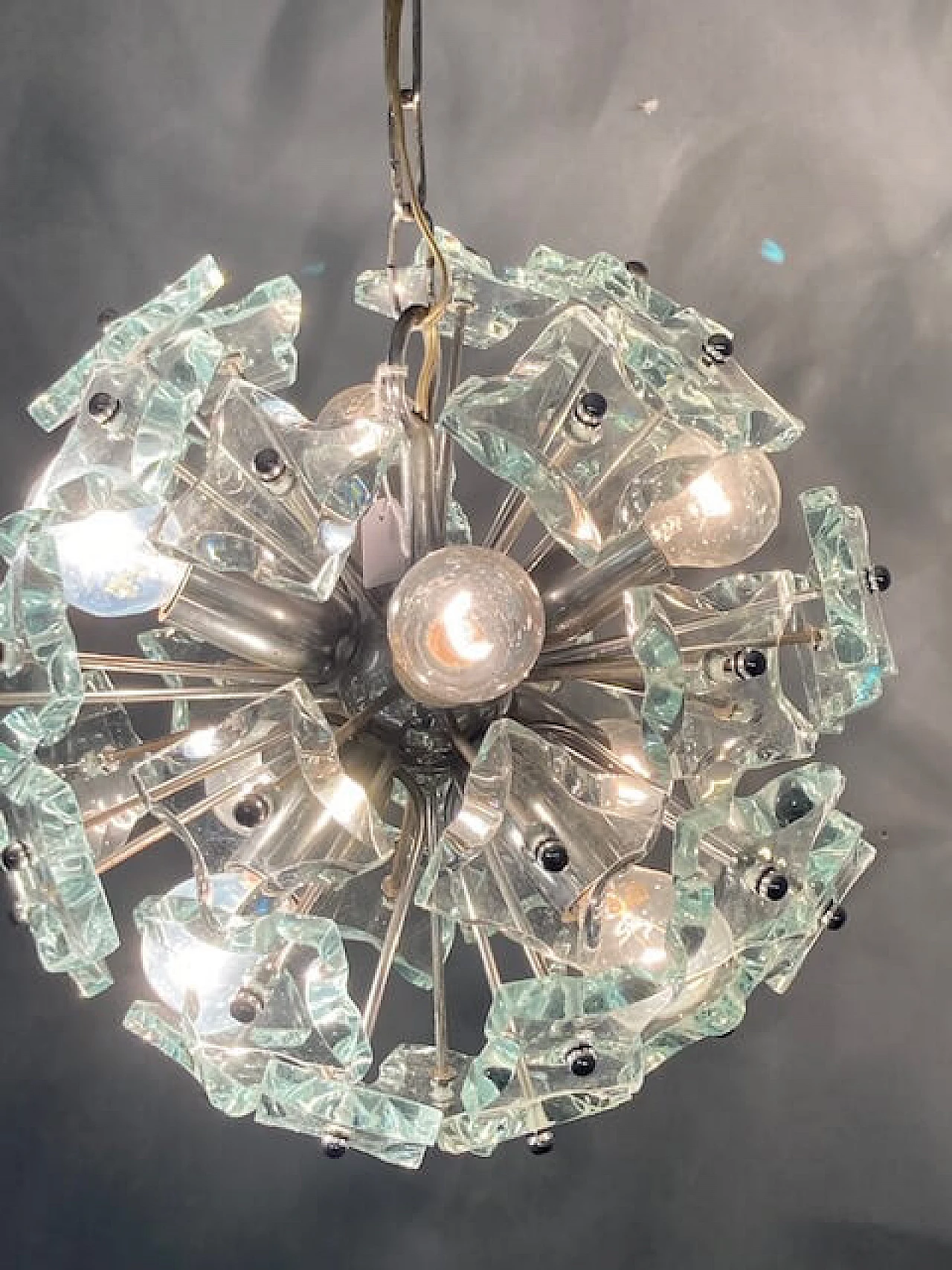 Sputnik eight-light frosted glass chandelier for Fontana Arte, 1968 9