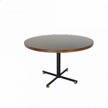 Round metal table with glass and teak top, 1950s
