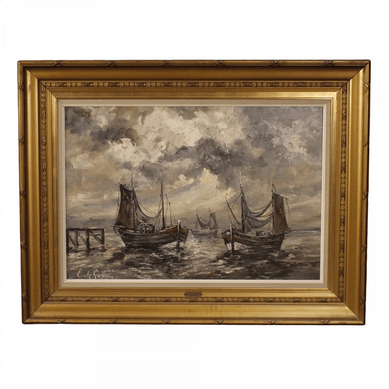 Emile Lammers, marine painting with boats, oil on canvas, 1960s 16