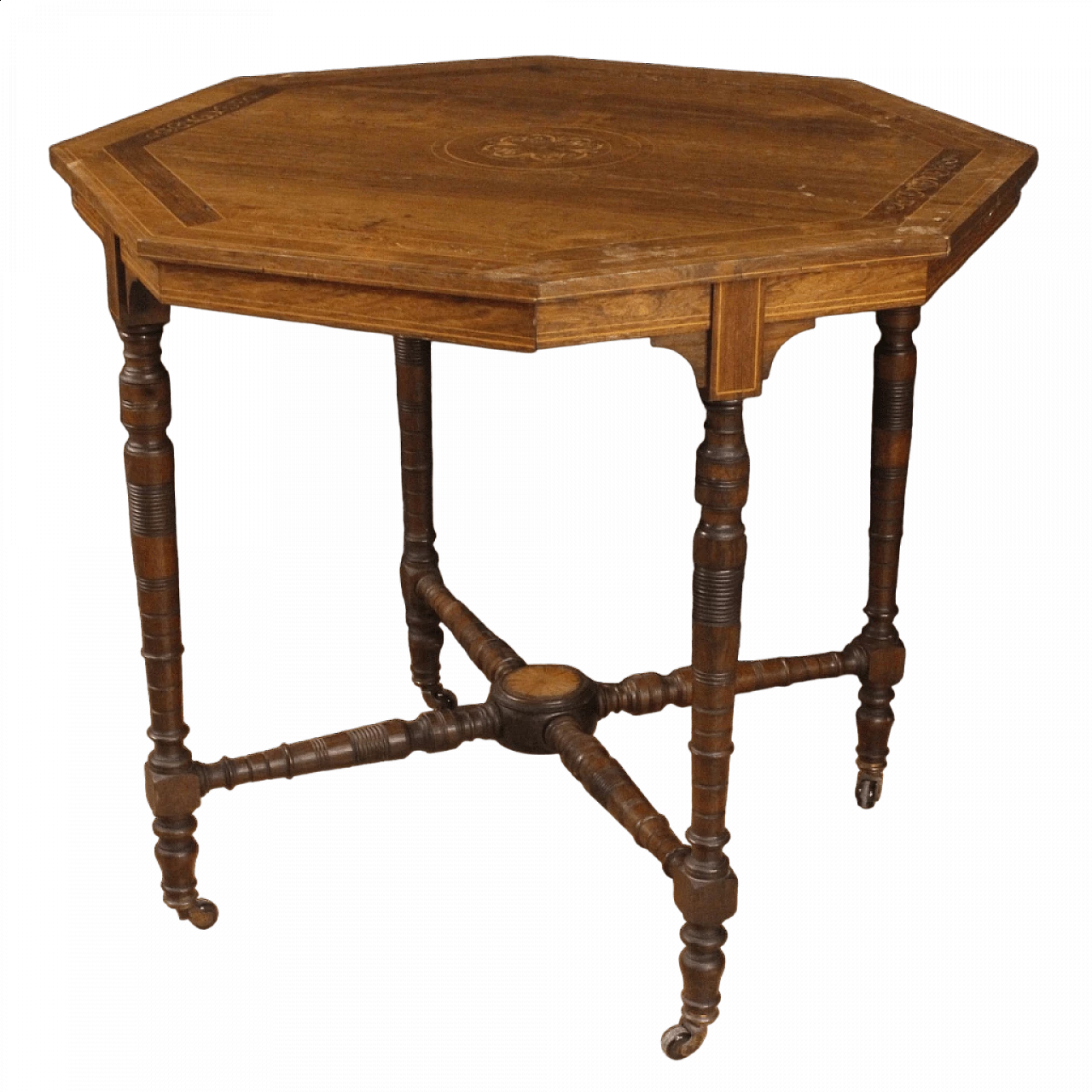 Octagonal inlaid wooden coffee table with castors, 1930s 12