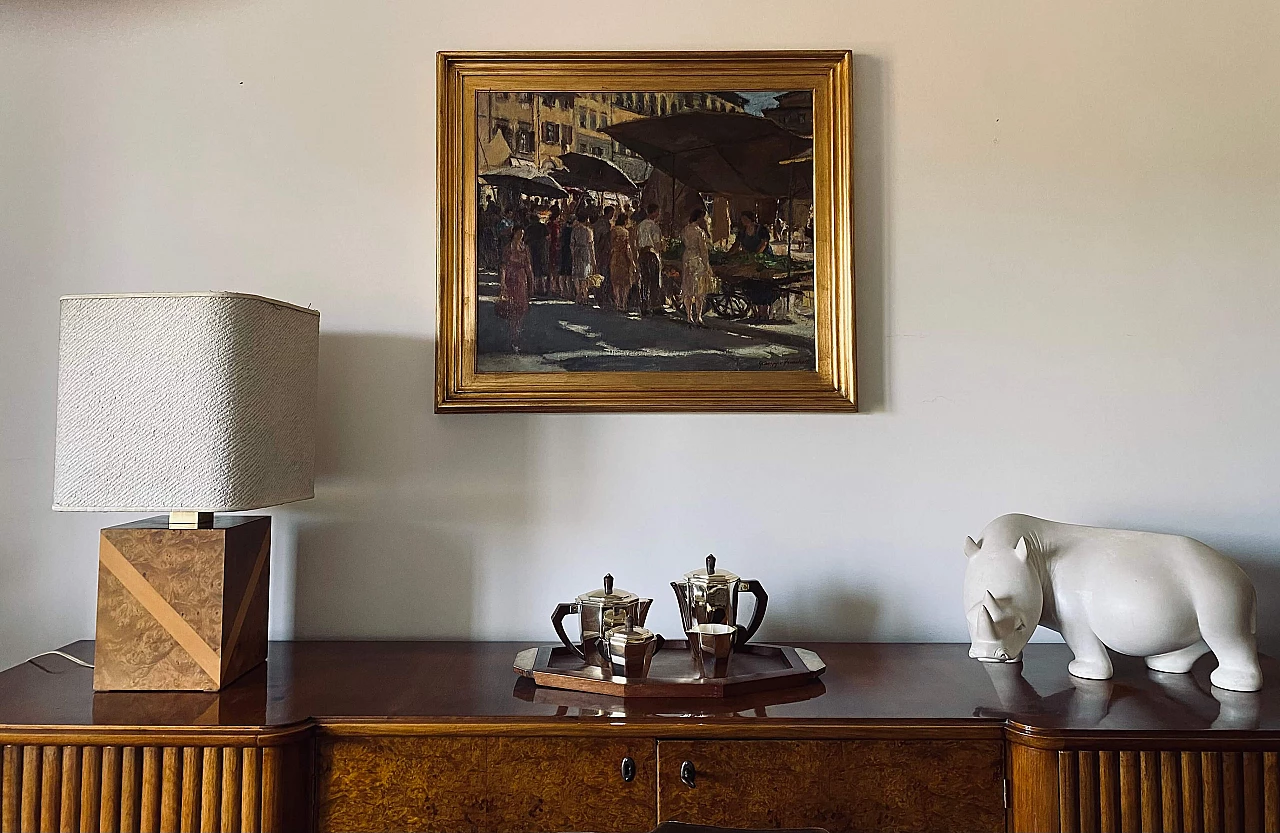 Hollywood Regency table lamp in cubic wood and brass, 1970s 4