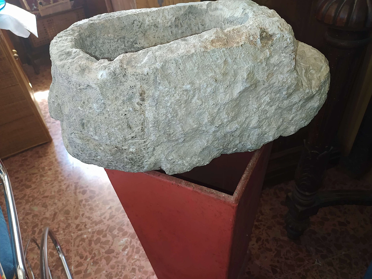 Stone tank with sculpted face, early 20th century 3