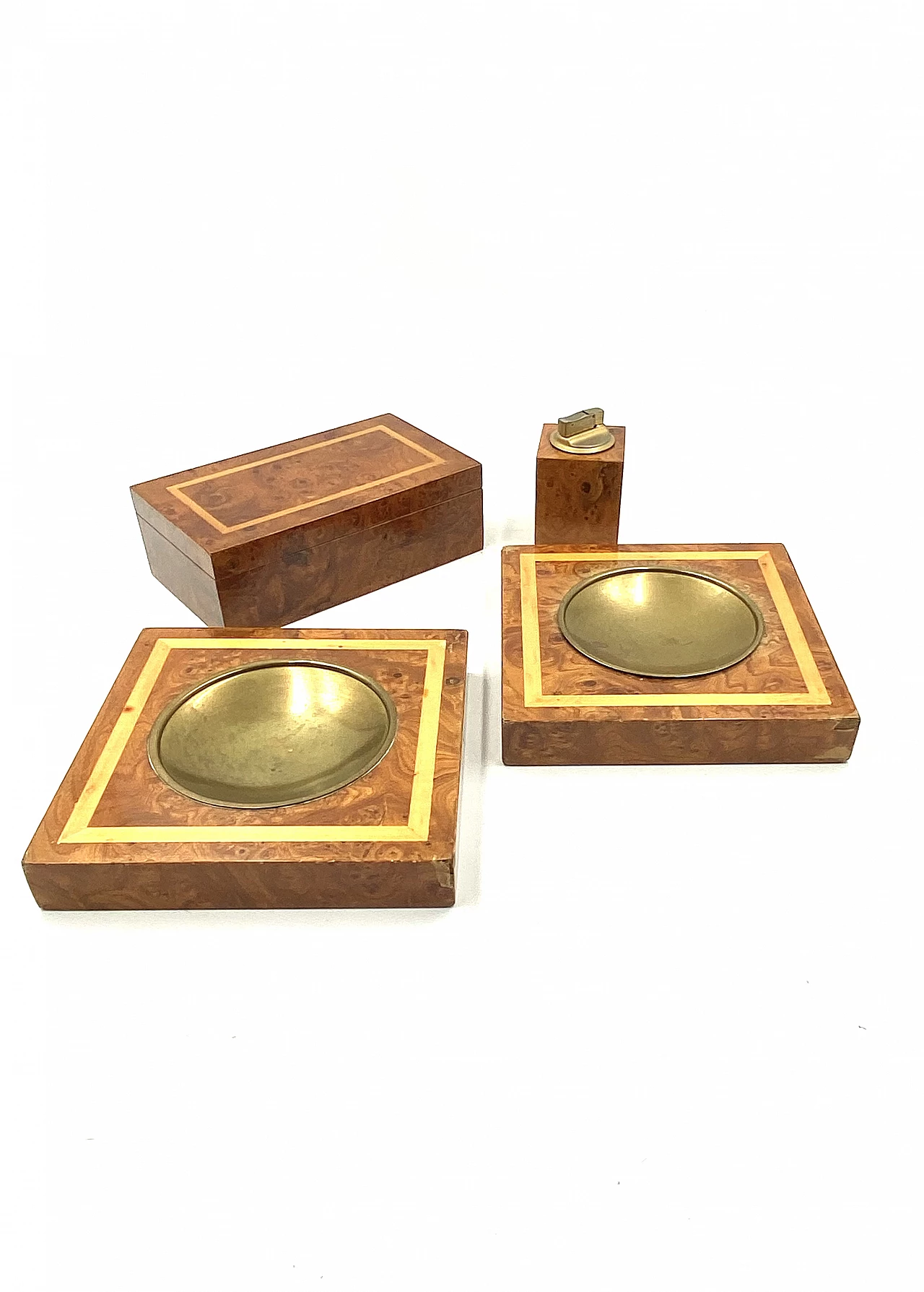 Pair of ashtrays, lighter and cigar holder in brass and wood, 1970s 9