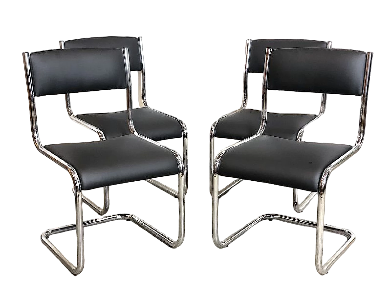 4 Chairs in chromed tubular metal and black leather, 1970s 17