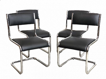 4 Chairs in chromed tubular metal and black leather, 1970s