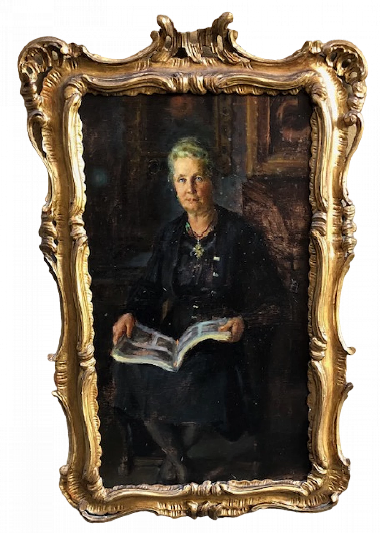 Giuseppe Ghiringhelli, ritratto di signora con libro, dipinto a olio su tavola, inizio '900 4