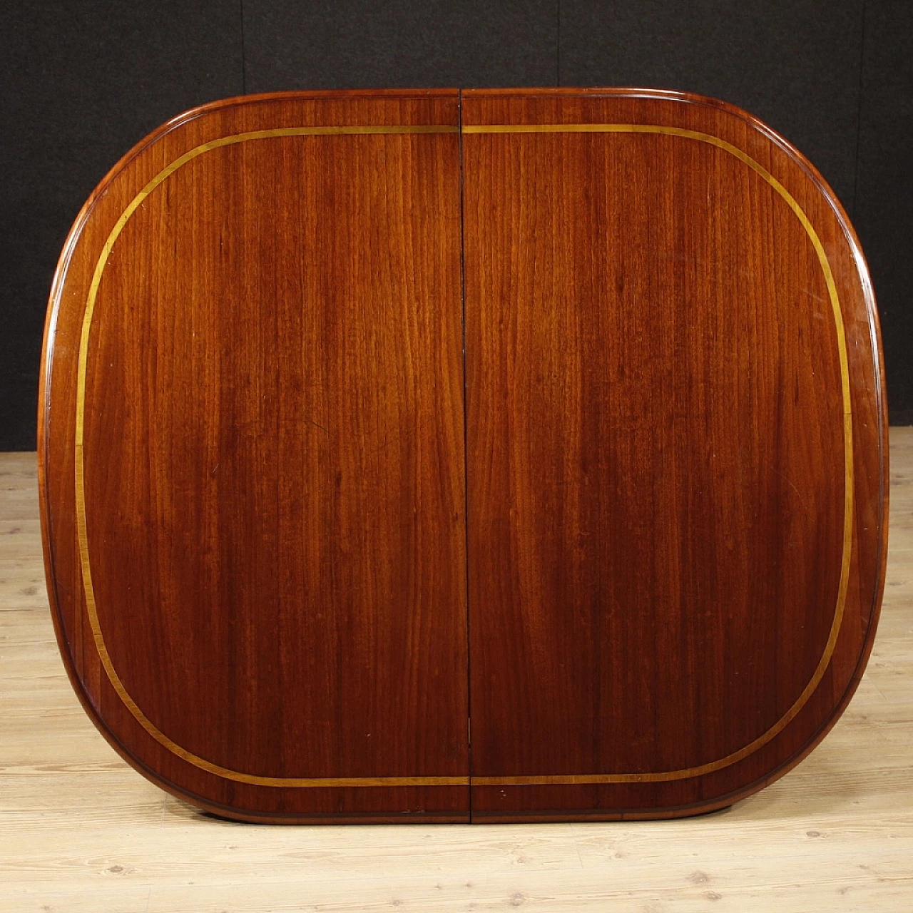 Mahogany extendable table with inlay and bronze details, 1930s 12