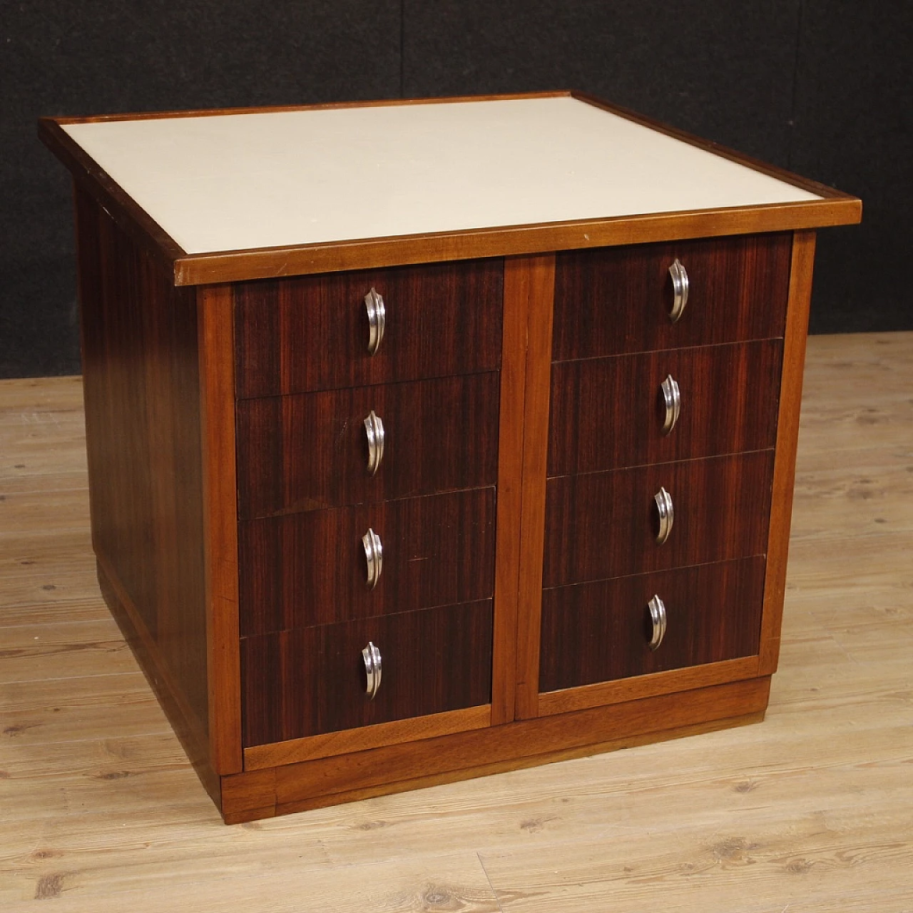 Wooden chest of drawers with chrome-plated metal handles and leatherette top, 1960s 1