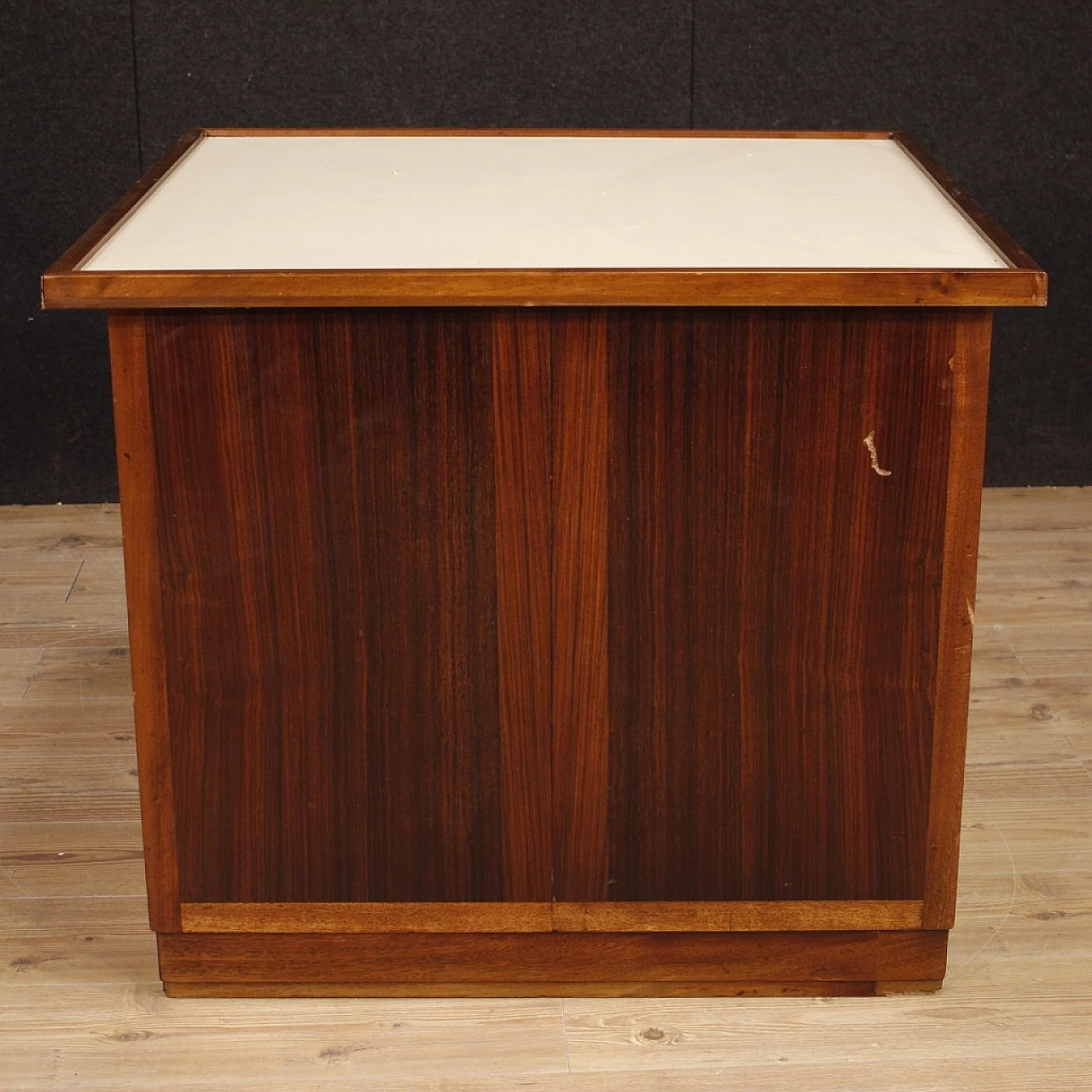 Wooden chest of drawers with chrome-plated metal handles and leatherette top, 1960s 5