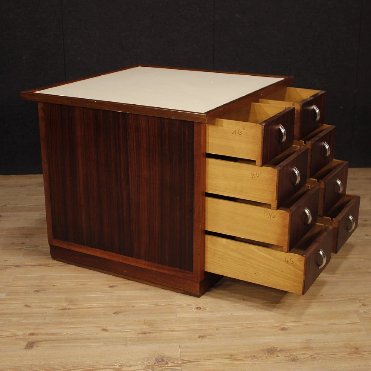 Wooden chest of drawers with chrome-plated metal handles and leatherette top, 1960s 7