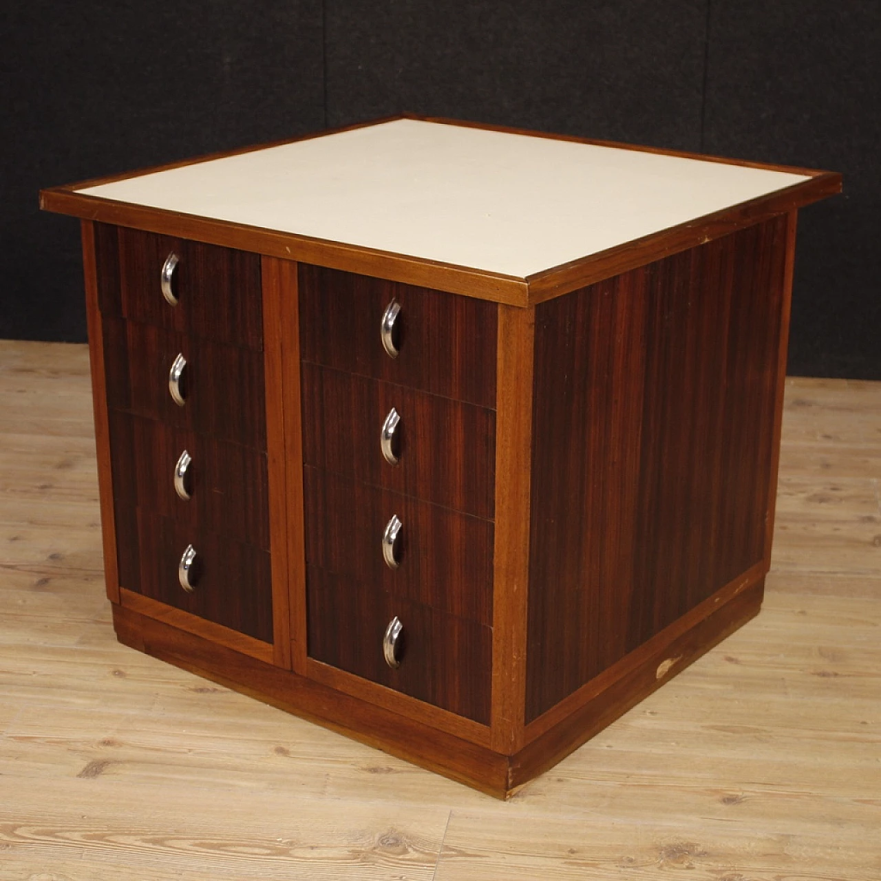 Wooden chest of drawers with chrome-plated metal handles and leatherette top, 1960s 8
