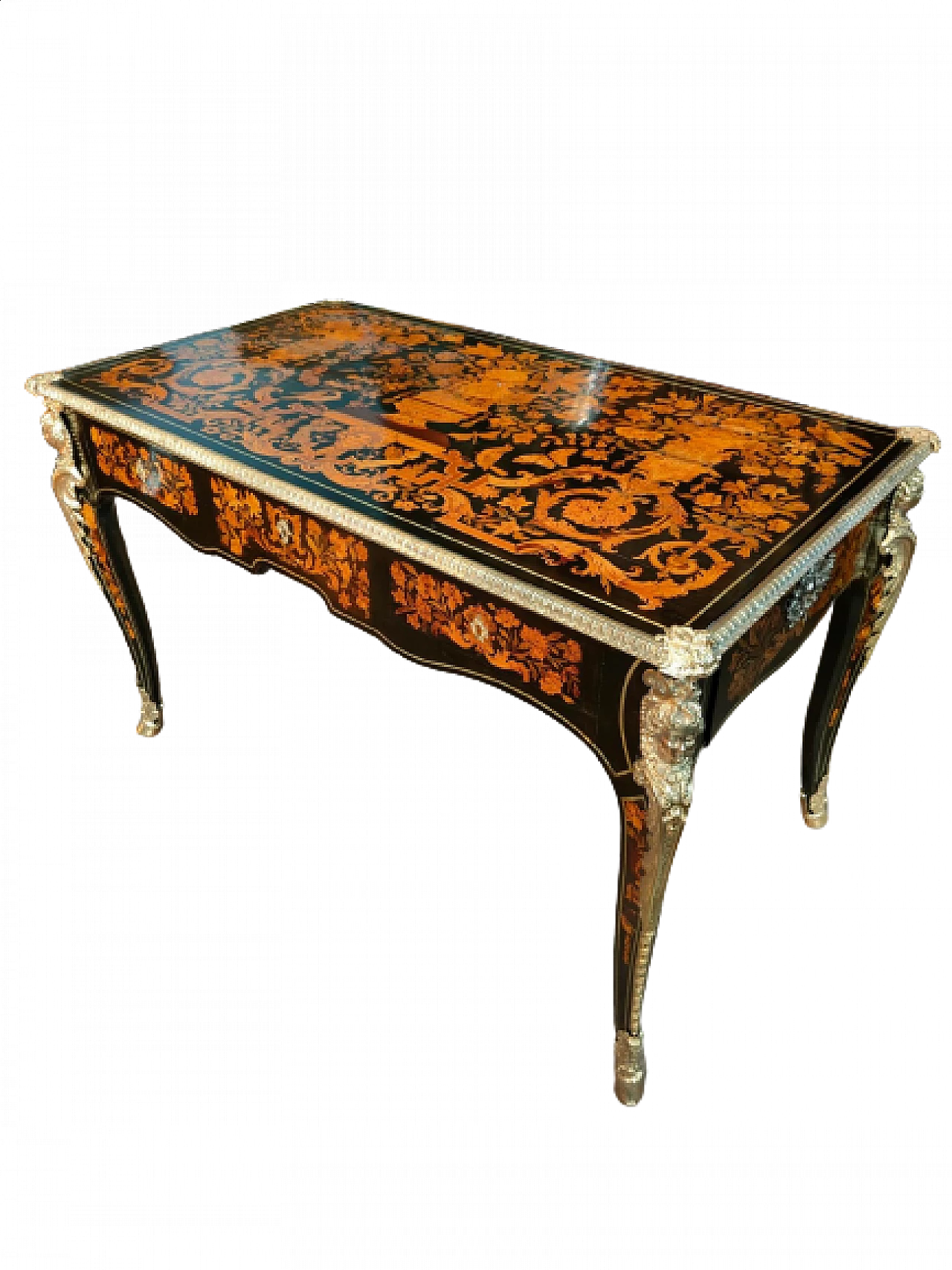 Inlaid desk with floral and animals depictions and applications in gilded bronze, 19th century 11